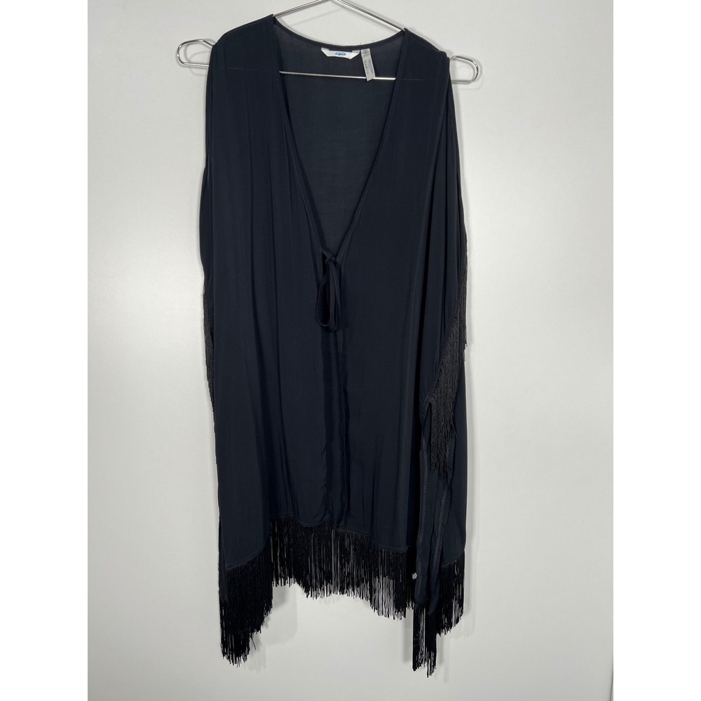 La Vie en Rose Black Fringe Swim Coverup Vest Boho Kimono Cardigan L/XL